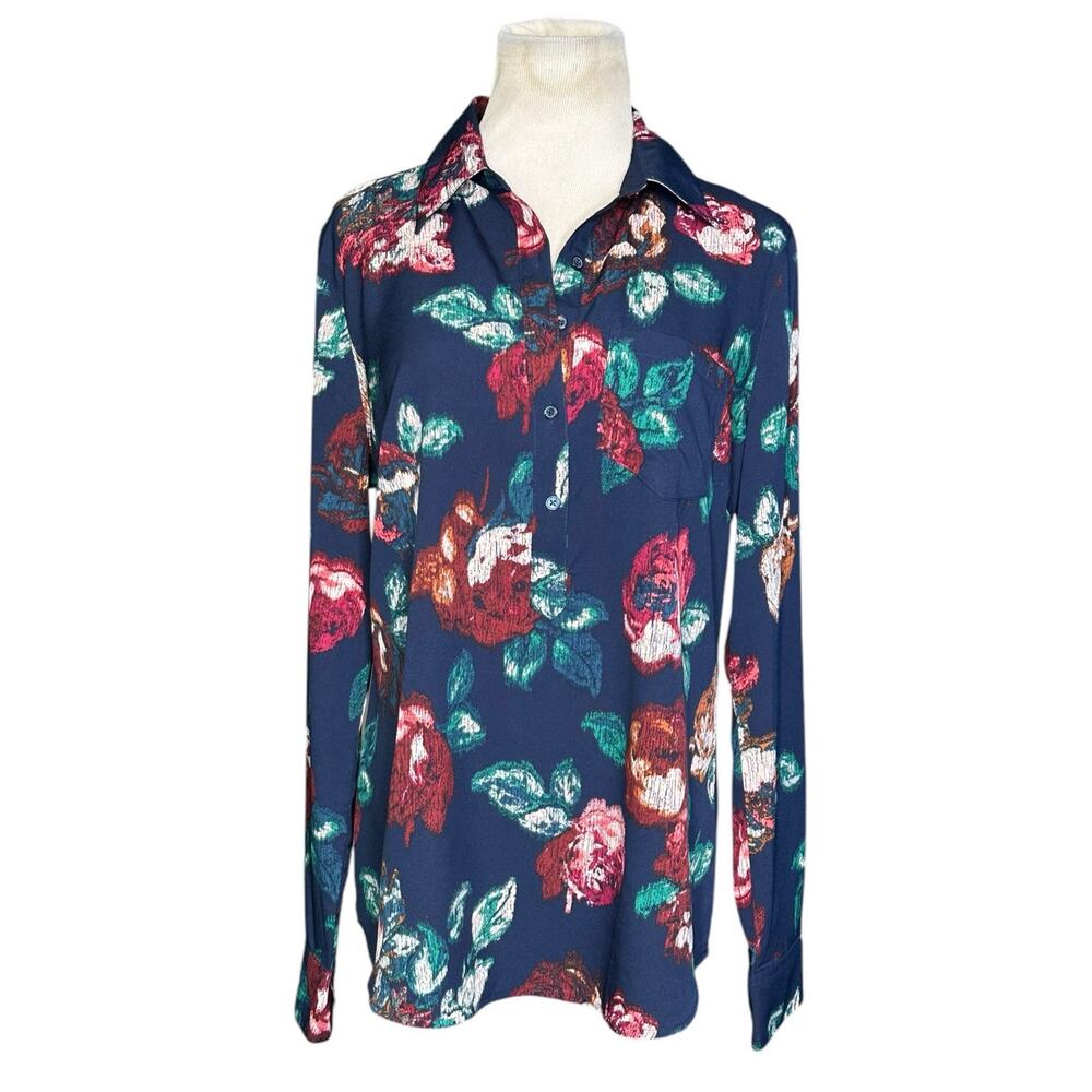 Merona blue red floral long sleeves tunic blouse size M